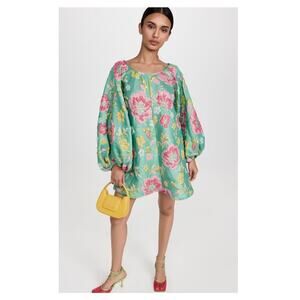 NWT Arianne Elmy Green Floral Jacquard Puff Sleeve Mini 'Good Luck Dress' XXL